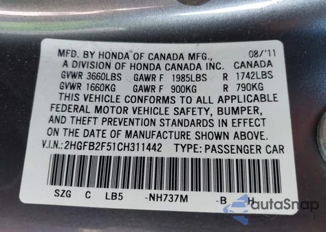 2012 Honda Civic Lx z USA, uszkodzony, nr VIN 2HGFB2F51CH311442